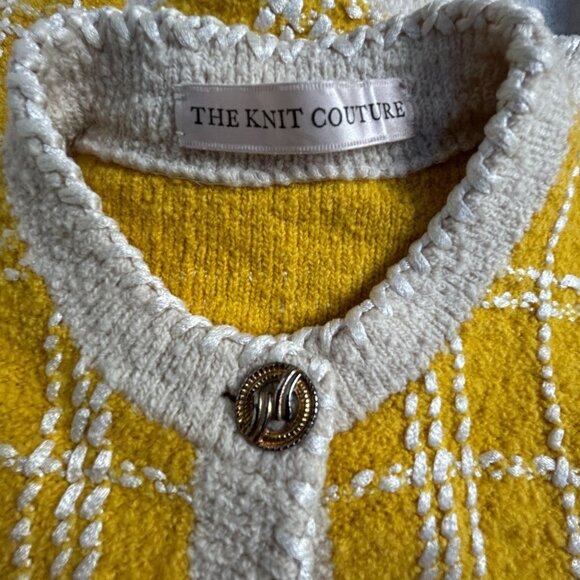 The Knit Couture Womens Yellow White Plaid Crop Cardigan Sweater Button-Front - Picture 3 of 10
